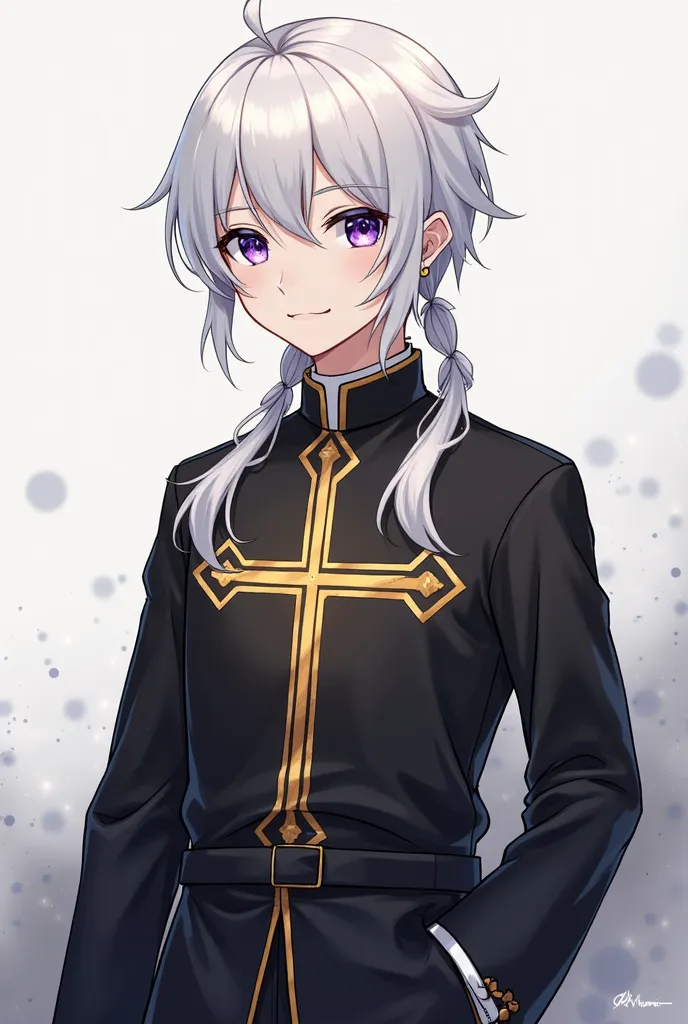 Make it anime style: a white-haired boy with fringe under his shoulders and violet eyes,  Their typical attire consists of a large black long-sleeved jacket., adorned with a stylized gold cross that extends from chest to waist. He wears a white clerical co...