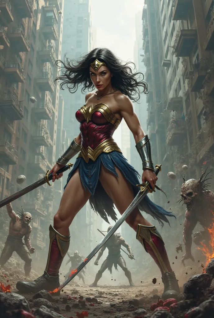 Wonder woman cuts a zombie in half with hersword in an urban warfare setting. 