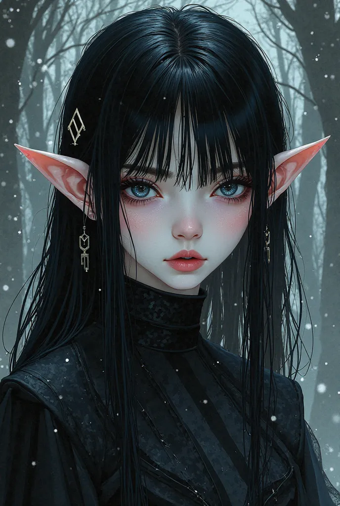 
gothic elf, with hair as black as darkness, eyes, eyebrows and specifics as white as snow, manga style, adult