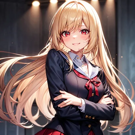 A blonde high school girl with long hair and red eyes stands backstage, exuding a calm and confident demeanor. She wears a traditional sailor uniform consisting of a navy blue blazer, a red skirt, and a matching red ribbon tied neatly around her collar. He...