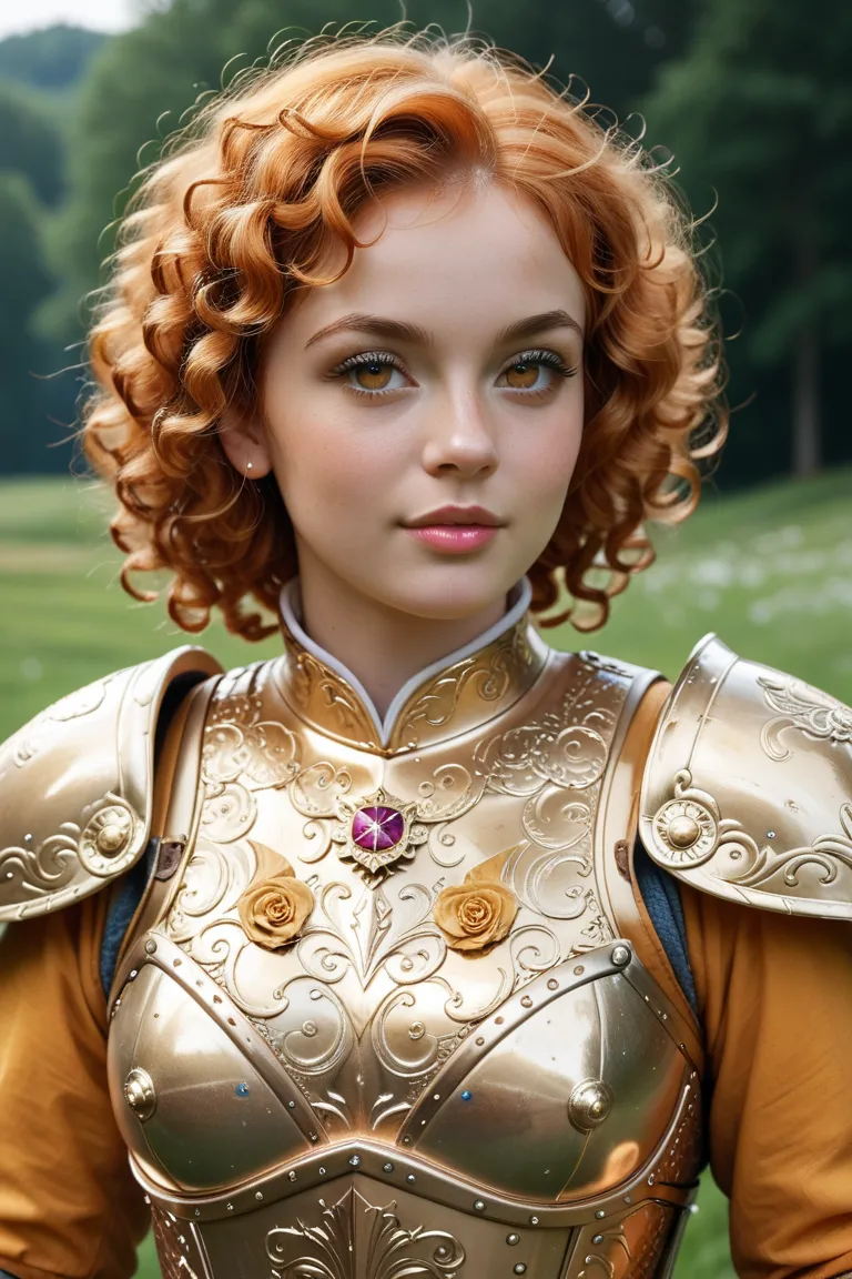 creates a photo quality image of a very beautiful girl of about 23 years old, with fair skin, orange, curly hair and golden eyes. She has a warrior-like body and is wearing medieval golden armor with dragon motifs.