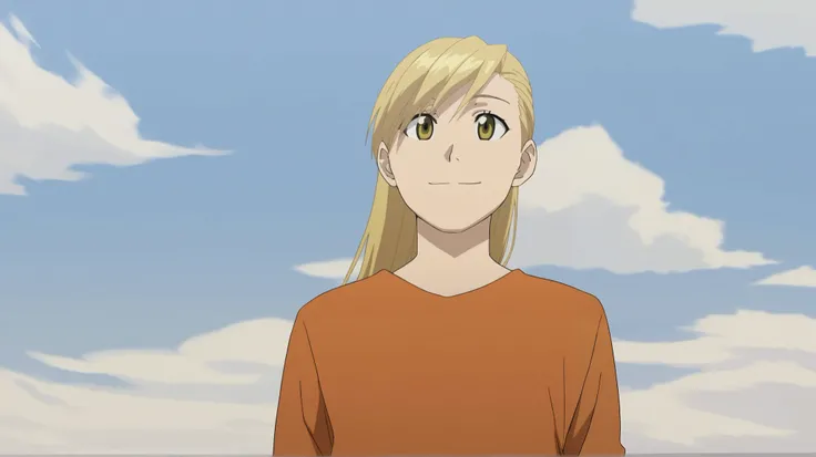 score_9, score_8_up, score_7_up, score_6_up, detailed, intricate details, highres, absurdres ,source_anime, cowboy shot, alphonse elric, blonde hair, long hair, pretty, yellow eyes, female focus, 1girl shirt, sky, looking afar, upper body, front shot, clou...