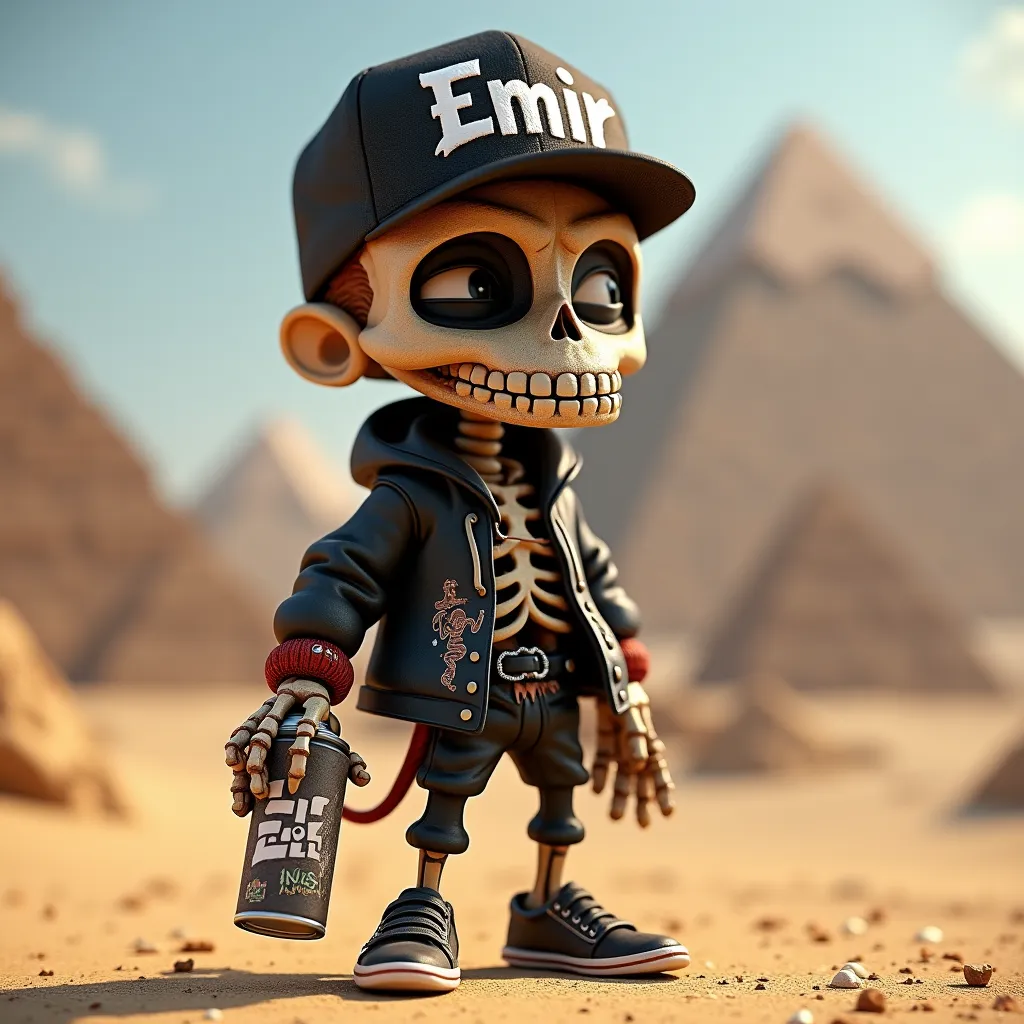 graffiti artist animated character hip hop look 3D cap with Emir written on it in black ,masque squelette , holds a spray can in his hand pyramide de gizeh vue du corp en entier
