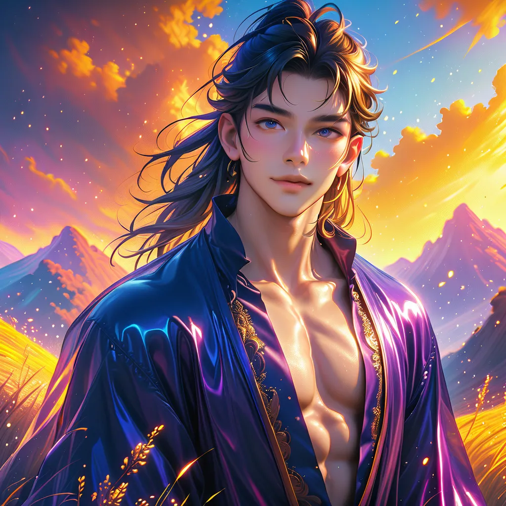 a skinny boy, younger than aged 20 old, with splendid long hair, he is tanned, with a sweet facial expression, he is in an enchanted forest dressed like a fantasy archer warrior, hairless body, slim abs, he is showing his body, while he see a golden sunset...