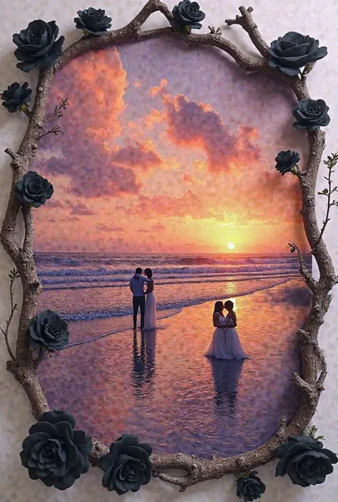 This 3D image showcases an artistic composition consisting of several photographs of couples on the beach during sunrise, superimposed and framed by the branches of a dry tree and black roses. The various images of sunrises feature skies in different color...