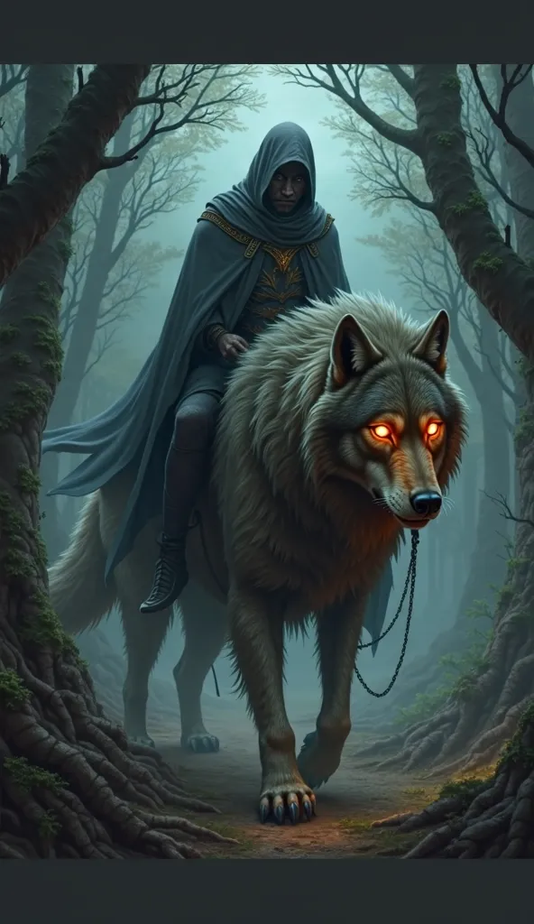 Here’s the picture of the  riding a wolf! The wolf’s eyes glow like fire, creating a mysterious and striking scene in the forest.