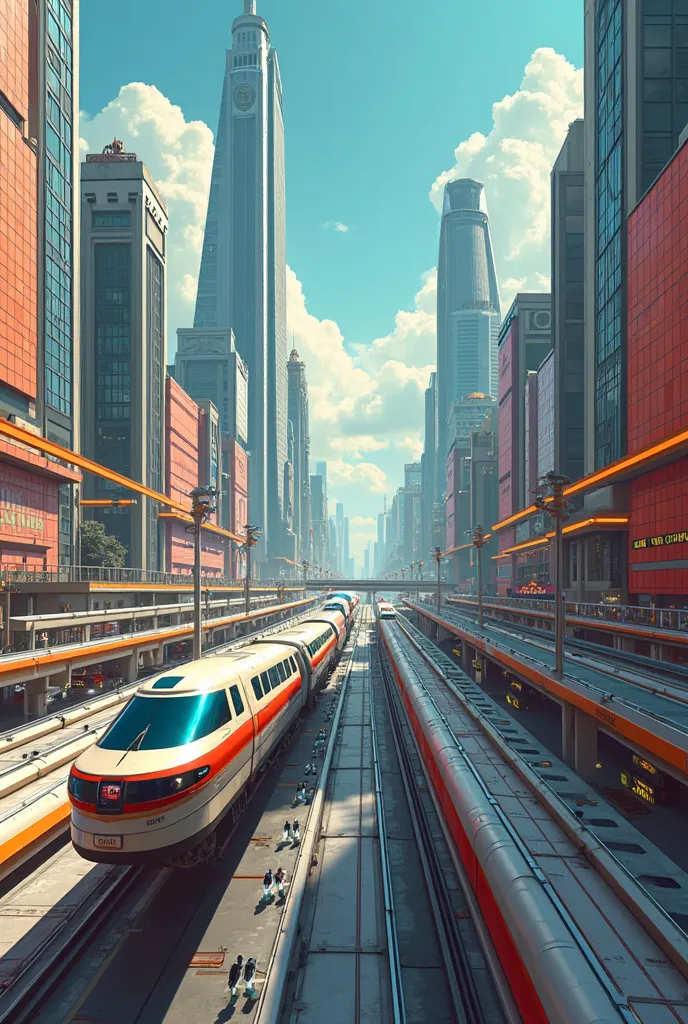 retro futuristic city landscape, animated style, monorail, seattle worlds fair aesthetic