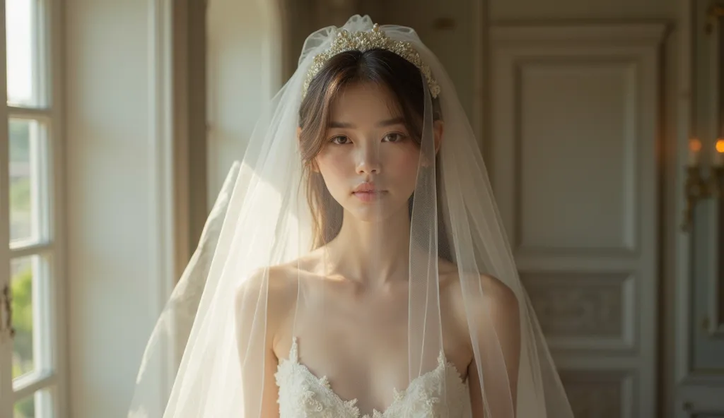 young woman, thin, beautiful body, aged 19 years, fair skin, straight and long light brown hair. Light brown eyes, she wears a wedding dress.  A cloth hides your face. Can't see your face. realistic human image in very high resolution and definition. 8k qu...