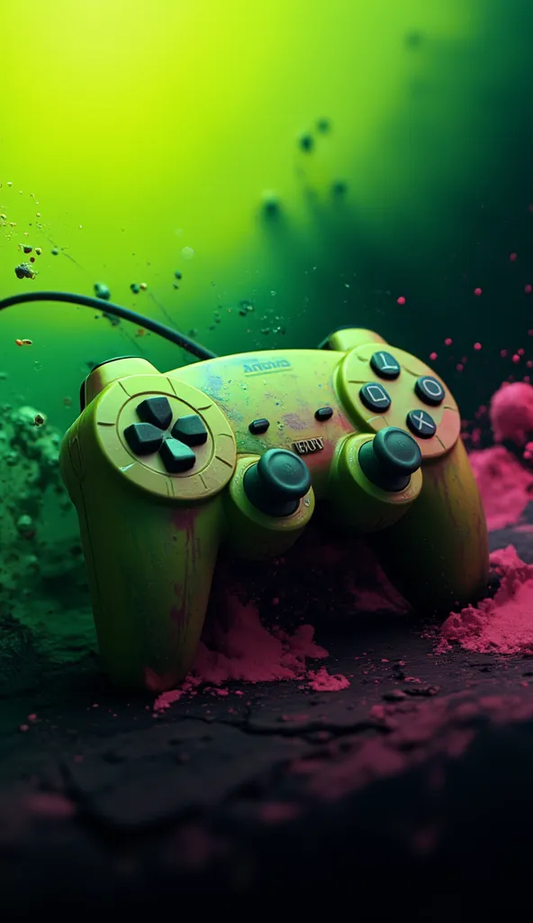 "Create a vibrant wallpaper design featuring a PlayStation 2 joystick. The background should transition from lime green to black, creating a dynamic gradient. Add splashes of green and pink paint droplets throughout the design to enhance the playful and en...