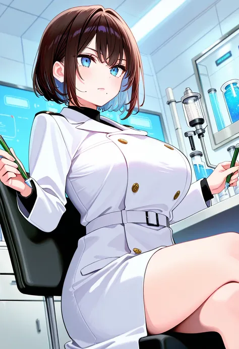 score_9,score_8_up,score_7_up,rating_safety,source_manga,masterpiece,best quality,hyper detailed,super fine illustration,8k,front angle,BREAK 1woman,solo,31yo,(brown hair,short hair),(light blue eyes),(a mole under mouth),(big breast:0.7),(suits+white coat...