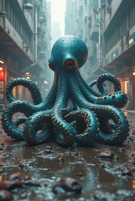 octopus human body ,  Whole body,  in a dystopian futuristic environment , like another planet , dystopian futuristic environment with artificial intelligence colors,  car, inspired by brutalism. in High Resolution