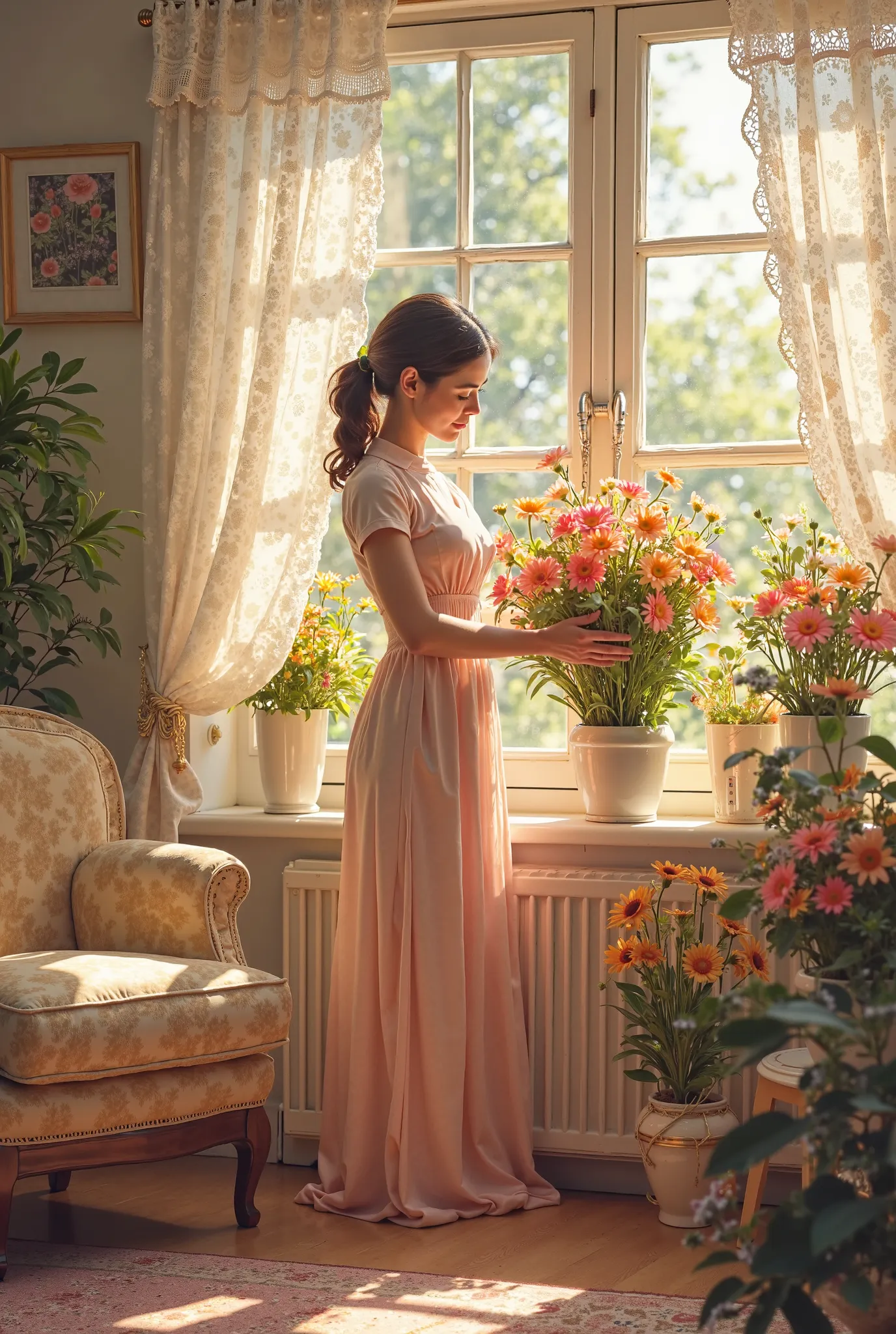 Woman working and arranging the house and decorating it with flowers 
