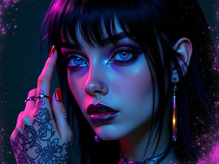 Create a highly detailed,high resolution photograph that depicts an ultra vivid dark neon fantasy scene showcasing a striking young woman's face in close up focus. Her features are rendered with incredible color vibrancy - her bold blue eyes seem to shimme...