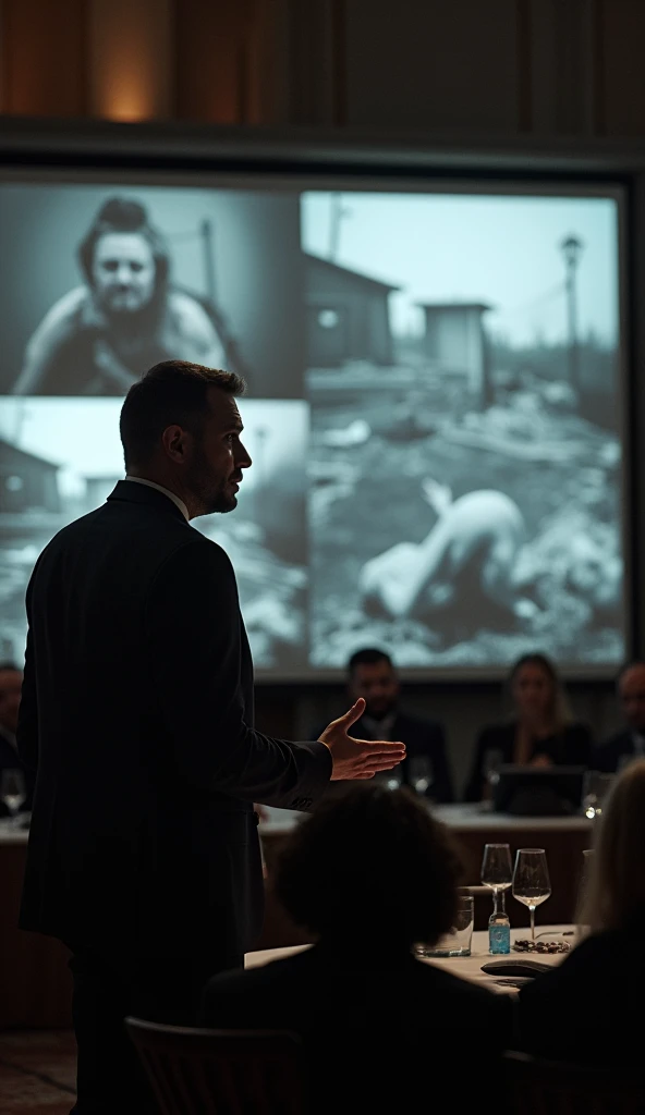 Zelensky shows pictures documenting atrocities committed during the war.