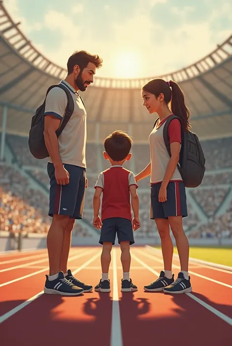 A boy on the running track arrives, his coach and his friend come closer.