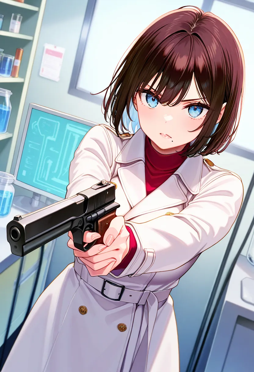 score_9,score_8_up,score_7_up,rating_safety,source_manga,masterpiece,best quality,hyper detailed,super fine illustration,8k,front angle,BREAK 1woman,solo,31yo,(brown hair,short hair),(light blue eyes),(a mole under mouth),(big breast:0.7),(suits+white coat...