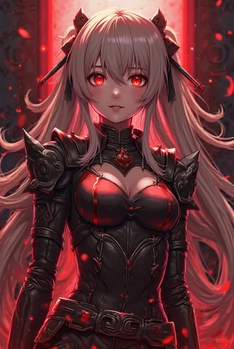 Anime girl with red eyes and obsidian armor , Danganronpa digital art,  Junko Enoshima by Danganronpa , Chiaki Mi from Danganronpa,  with bright red eyes,  with bright red eyes, Akane Owari Danganronpa, danganronpa, with bright eyes, con enormes ojos trist...