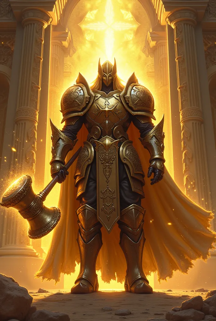 An RPG cleric with full heavy armor, with a war hammer. A Golden Aurea, Does a divinity surround you. In the background an illuminated temple.
