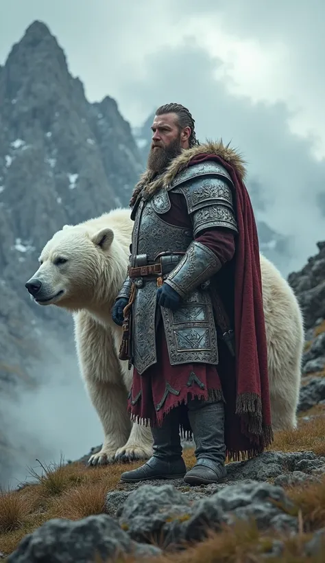 Viking warrior with all his armor, in the middle of the mountain , the weather looks cloudy and rainy, Ultra-realistic and in 4k, At his side a giant white grizzli bear.