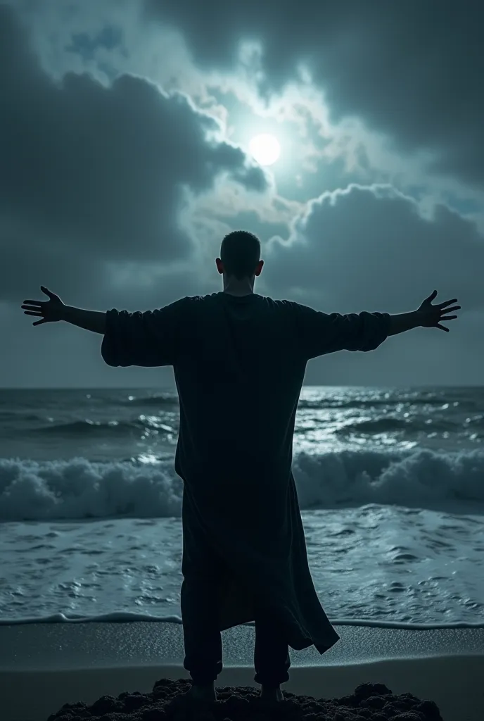 A dark image of a man with his back, standing in front of a beach with open arms. The sky is covered with dense and stormy clouds, with a faint moon barely visible between them. The waves of the sea are intense and hit the shore with force, reflecting a co...