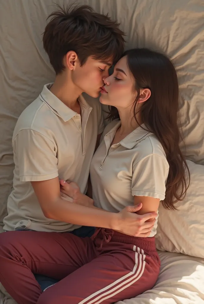 A boy in a white polo shirt and wine-colored sweatpants with 2 white stripes kissing a girl in a white polo shirt and wine-colored sweatpants with 2 white stripes sitting on a bed