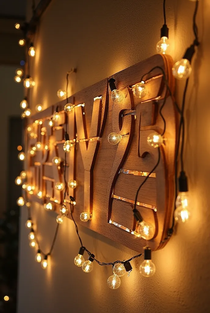 :

"I want to create a specific shape made from thin wooden planks hung on the wall with 'FREXSA'25' written on it. In front of it, small golden bulbs will be hung, and below that, there will be hanging light bulbs creating a party atmosphere, perfectly se...