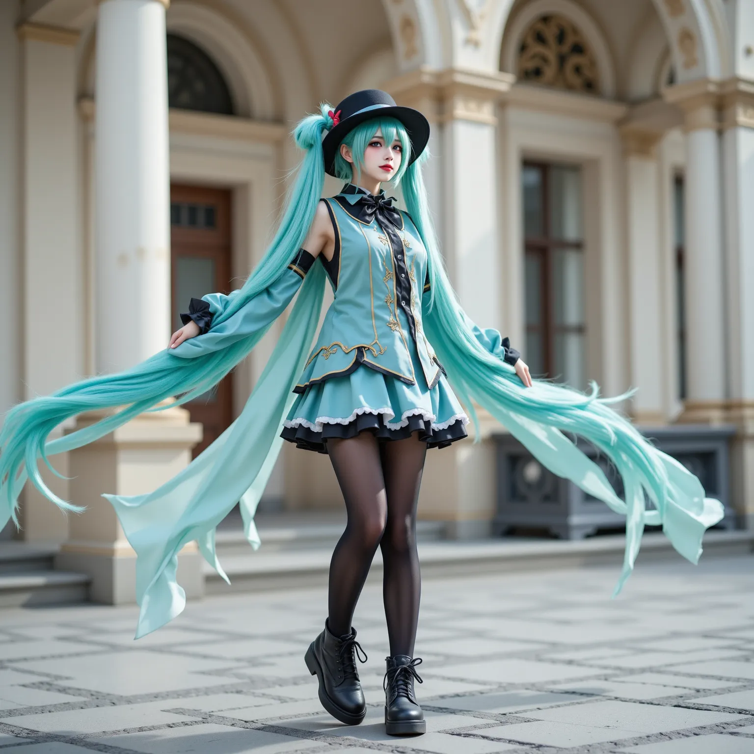 A photo of a beutiful tall girl,dressed in miku-cybdating cosplay costume. She is also wearing black pantyhose and black shoes. She has very long aqua twintails hair with black hat, dynamically posing with arms spread wide, one foot slightly lifted, dresse...