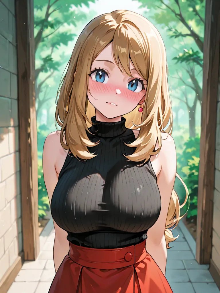 Serena , from Pokemon, with blue eyes, blonde hair, she has medium size breast,she wears a  black gry sleeveless sweater in skirt she wears red white printed frok ,and she blushing , she stand, she looking at front making a tilt pose, background a beautifu...