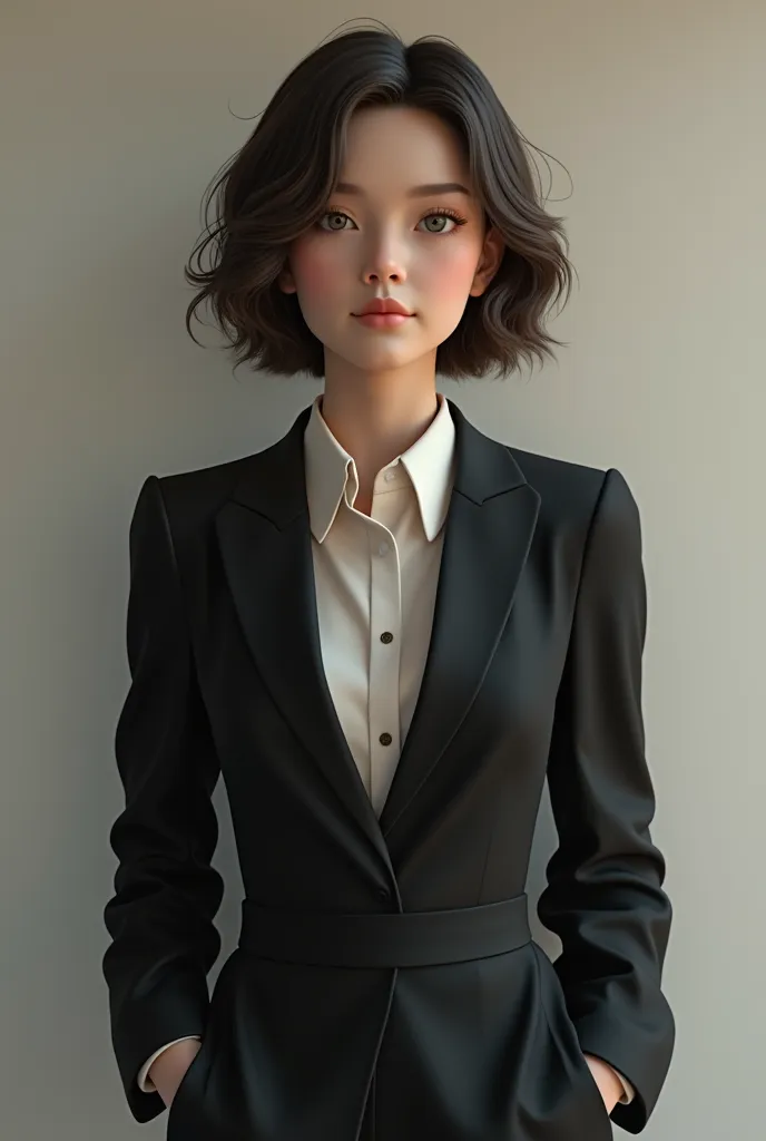 Short wavy hair in a suit