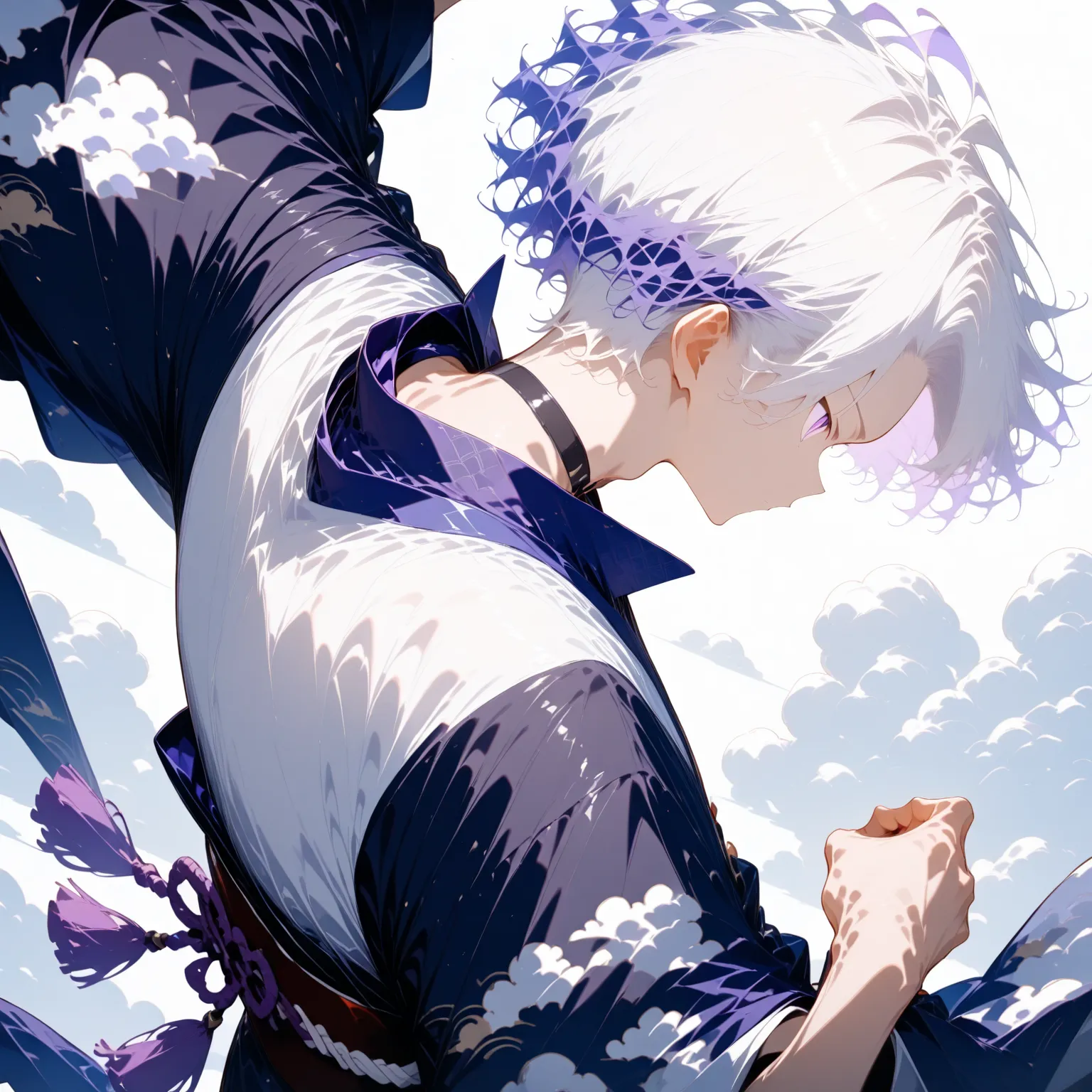 masterpiece, high score, great score, absurdres,
1boy,action pose,open hand,male focus, upper body,20-yo, クモイエイテル, toned,twink,white hair, side-parted, lilac highlights,purple eyes,avant-garde japanese clothes,cloud pattern,black choker,open collar shirt,p...