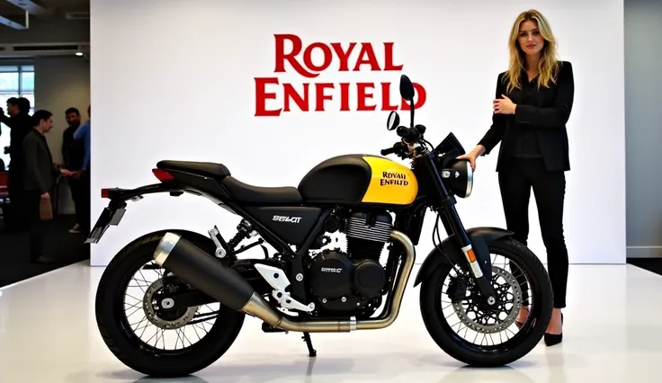 A sleek, modern ( Royal Enfield Continental GT 350 (2025))displaying a prominent (Royal Enfield Continental GT 350 (2025) ) logo, being unveiled by ten people. The bike is a vibrant black with a streamlined design, positioned in an indoor showroom with bri...