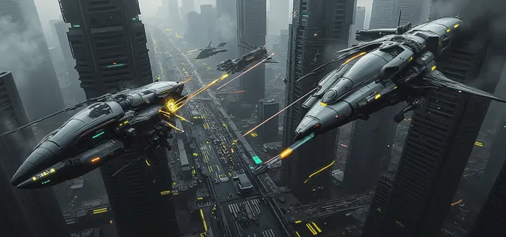Battle of white elliptical flying vehicles, begins over a futuristic city, super detailed 8k image