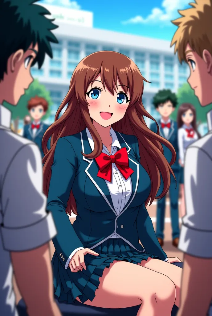 screenshot of Boku no Hero Academia.
Girl with long brown hair,  with bangs.
 bright blue eyes. And with a radiant smile.
 boobs with UA uniform. She was sitting talking to her classmates