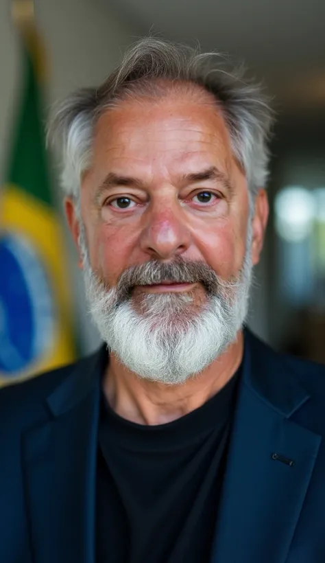 A close-up portrait of an older man with a serious expression. He has short gray hair and a full white beard. His deep-set eyes and slightly furrowed brows give him a strong, determined look. He is wearing a dark navy-blue suit with a black shirt underneat...