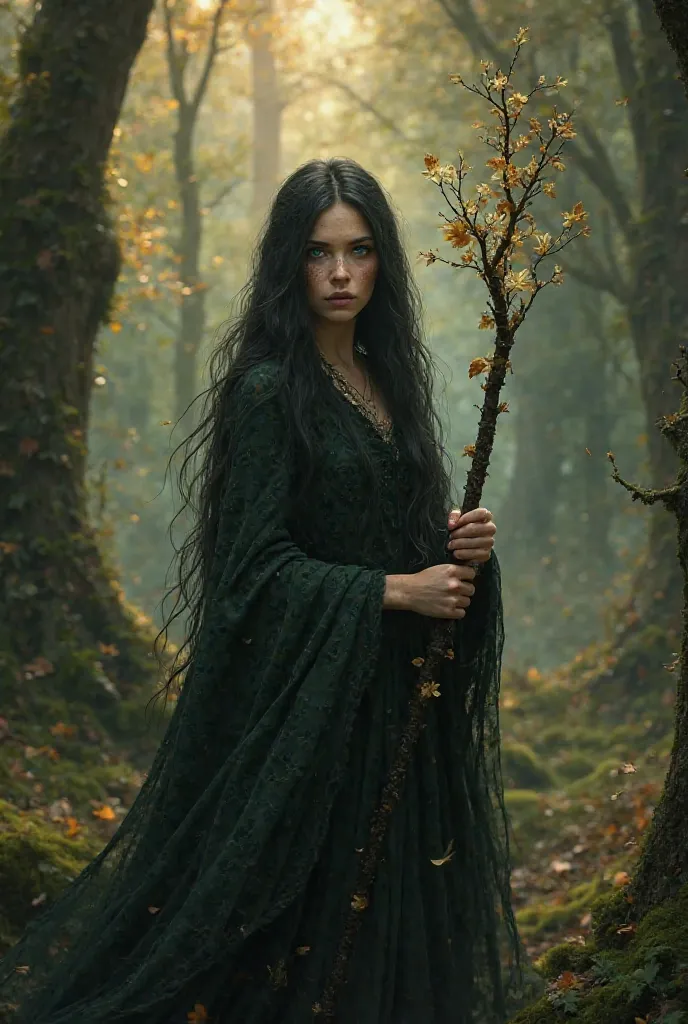 pale druid woman in a dark clothing with a lot of freckles, bright green eyes, long black hair and short bangs, holding a dark wand adorned small gold leaves, standing in the forest in the evening.