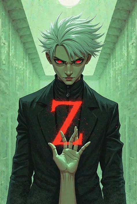 The male character faces the letter Z and the right hand. There is the letter N, red eyes, white hair, green.