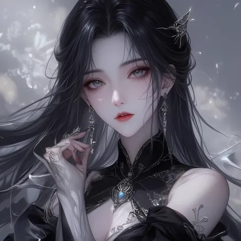 anime style noble lady black hair silver eyes in a black and silver dress with silver jewelry
