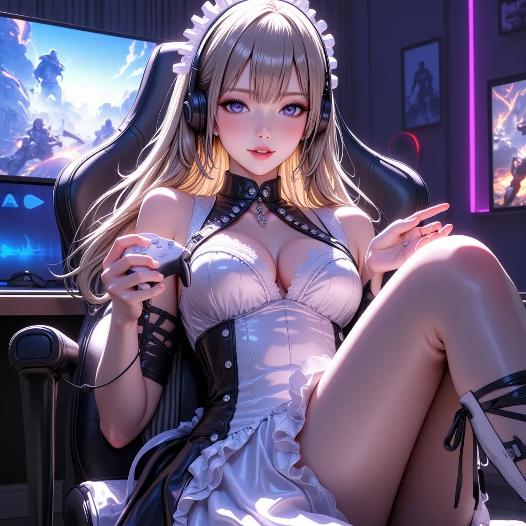 a beautiful blonde woman, girl, beautiful detailed face, beautiful detailed eyes, beautiful detailed lips, long eyelashes, girl wearing  maid's clothing black and white detailed with low neckline and piercings, girl holding a white detailed play station5 j...