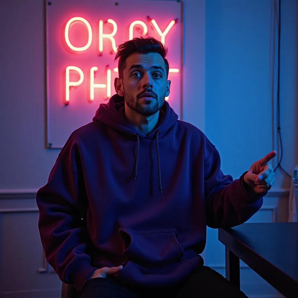 Photo of a thirty-year-old male blogger, brunette, very short hair is carefully combed to one side, clean-shaven, is surprised, sits in full face,  face in full face , with a gesture with his right thumb pointing to the right, left hand is put into his pan...