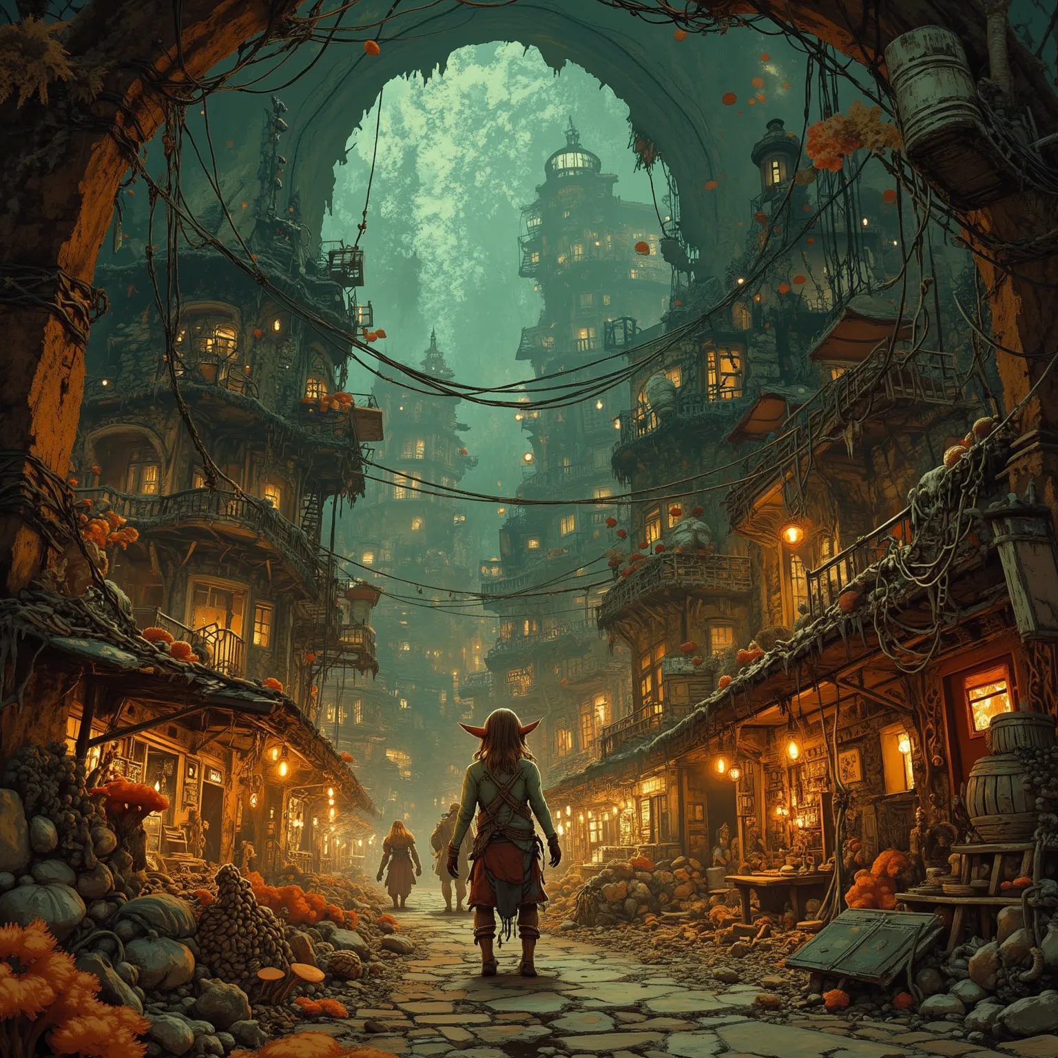 A city of wild and evil goblins, (cook fires light jagged little hovels made of scrap metal, stone, fungus, or other junk), the city is interconnected with dangerous sparking wires, cables, and treacherous walkways, patches of fungus grow on the streets an...