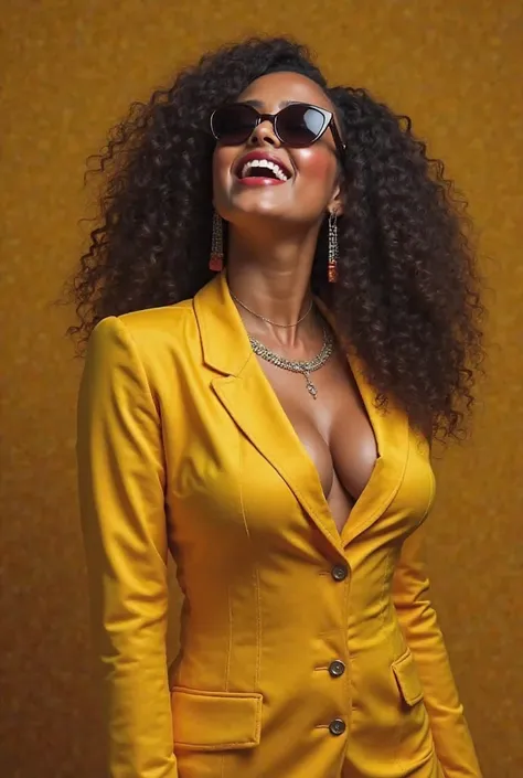 Create the image of a Merengue singer, in a dark yellow wardrobe, dark yellow frame sunglasses, dancing,  singing, happy, Enjoying and enjoying, that have a sculptural body, big breasts and low cut blouse 