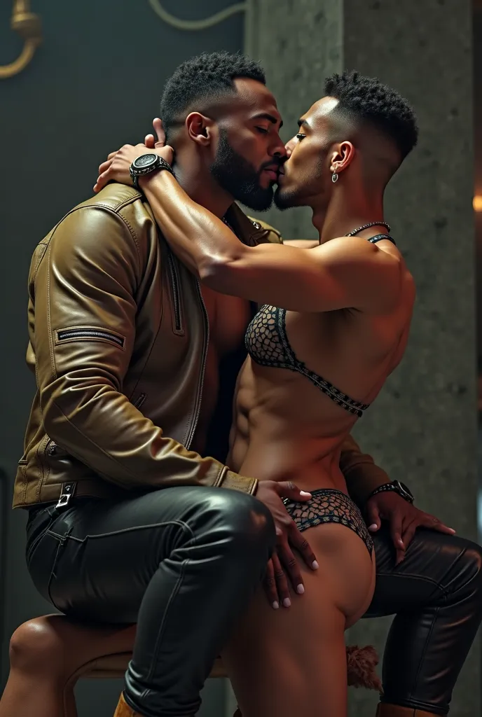 A white Man in a lingerie  and another An African man in a shiny red leather jacket and black leather pants. Gay kiss on a chair