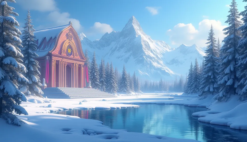 A fantasy Nordic-inspired sanctuary。On the surface of a frozen prairie、Stone columns line up regularly in a baroque-style transparent temple、shines in rainbow colors。mountains with snow in the background々and、coniferous forest spreads out on the surface of ...