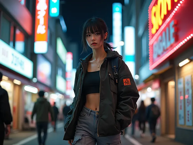 Create a photographic image of a Japanese girl wearing urban clothing that looks like Radio Eva, Walking through Hakihabara