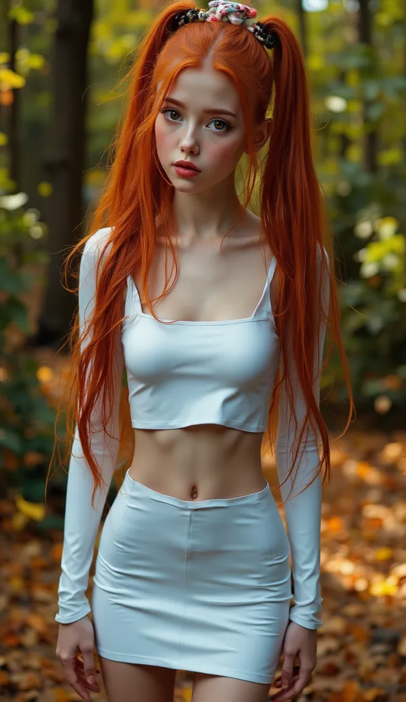 ultra realitic cinematic photo masterpiece, Highest quality, One young girl , alone, Are standing, Lips parted, Redhead, Twin tails, extremly long ginger hair, Yellow Eyes, Hair Scrunchie, smalll perky breasts, View your viewers, White skintight cropped La...