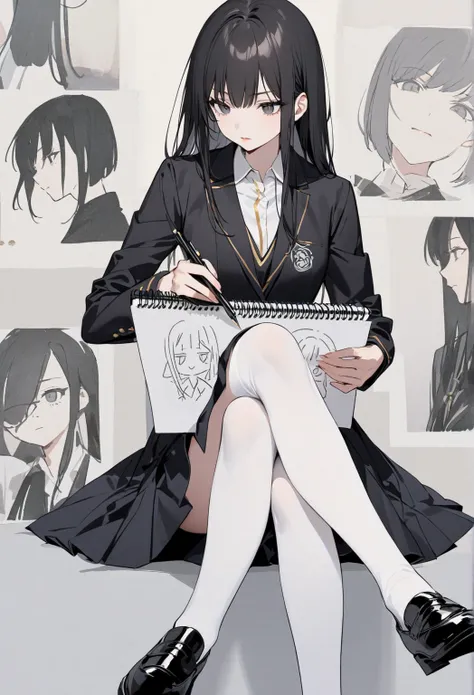 Schoolgirl sitting with a notebook drawing, she is Japanese, black hair, straight hair, black eyes, pretty eyes with long eyelashes, has a calm expression, slightly pink lips, is drawing, you can't see that she is drawing, wears a Japanese school uniform, ...