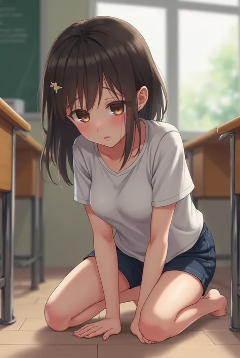 A girl is small , her breasts are rounded, her breasts are out of the shirt, a short girl with her breasts rounded out of the shirt. In the classroom, she is crawling, wearing shorts