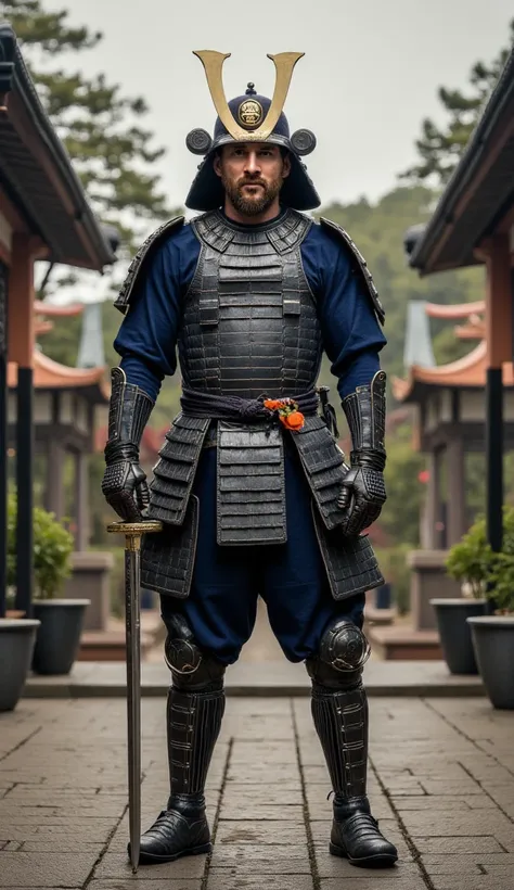 Messi dressed as a samurai, In one hand he holds a samurai sword, very realistic , Cinematic, Samurai temple background