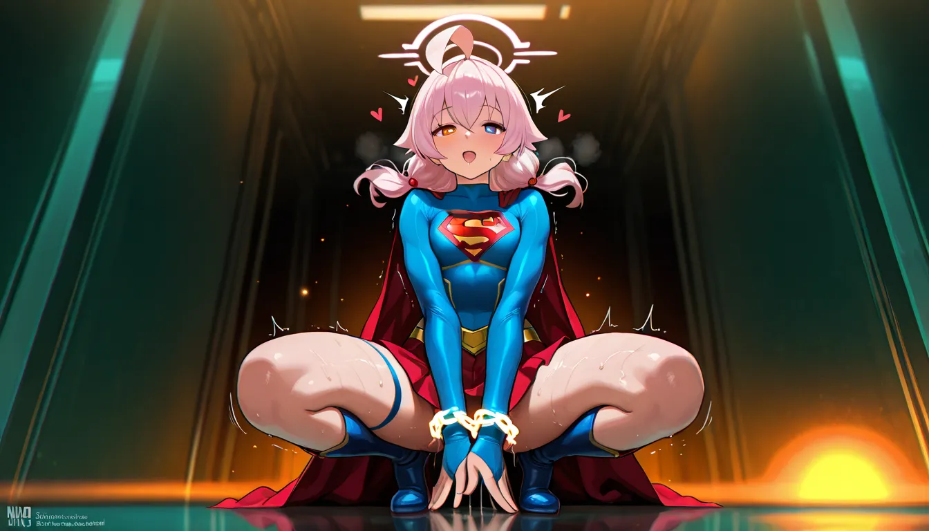 (full body), (masterpiece:1.2), (Highest_quality:1.2), ( narrower _ Details:1.3), 8k, low angle，from below， 1 girl，Alone,alone，大きなButtの女の子,  red over the knee long boots ，Wears a spacesuit with a cape ，( supergirl), blue leotards that brainwash men，red min...