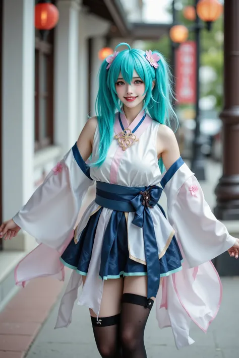 A photo of a slim beautiful girl in cosplay.her smily Expression, She is wearing  japanese clothes. The clothes contains short sleeveless kimono with detached wide sleeves and obi and skirt. She is also wearing black thighhighs with thigh strap and platfor...